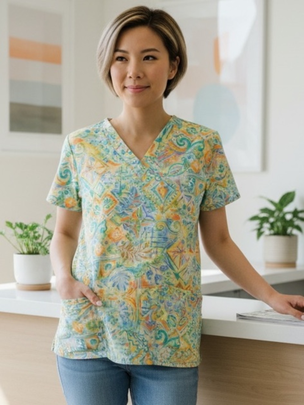 LANDAU Scrub Colorful Print Short Sleeve Top
